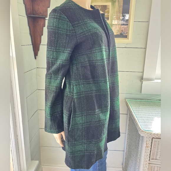 Max Studio Women's Plaid Wool Blend Open Front Green Tartan Coat W/pockets Sz M - Picture 2 of 7